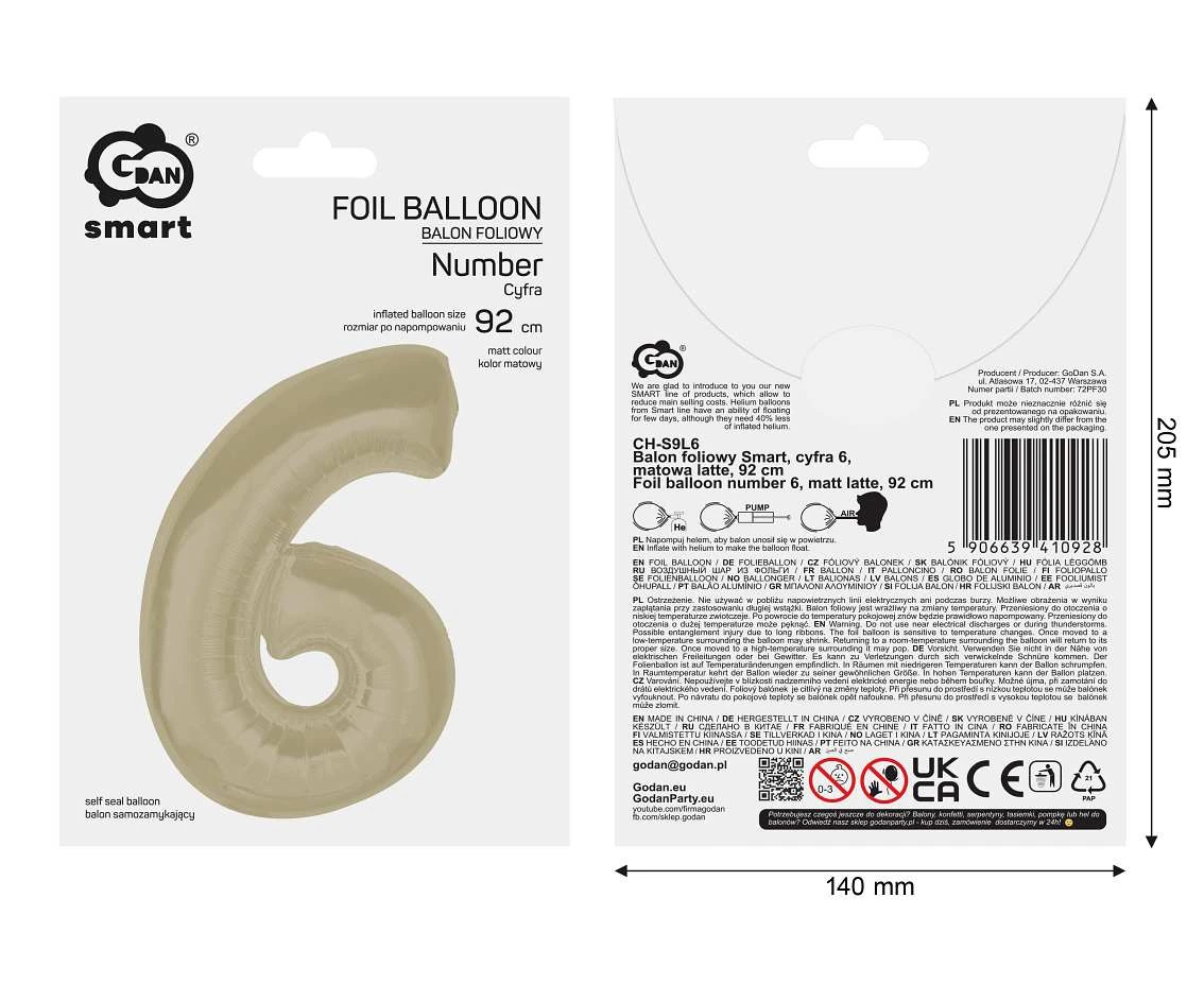 Balon foliowy Smart, cyfra 6, matowa latte, 92 cm  KK